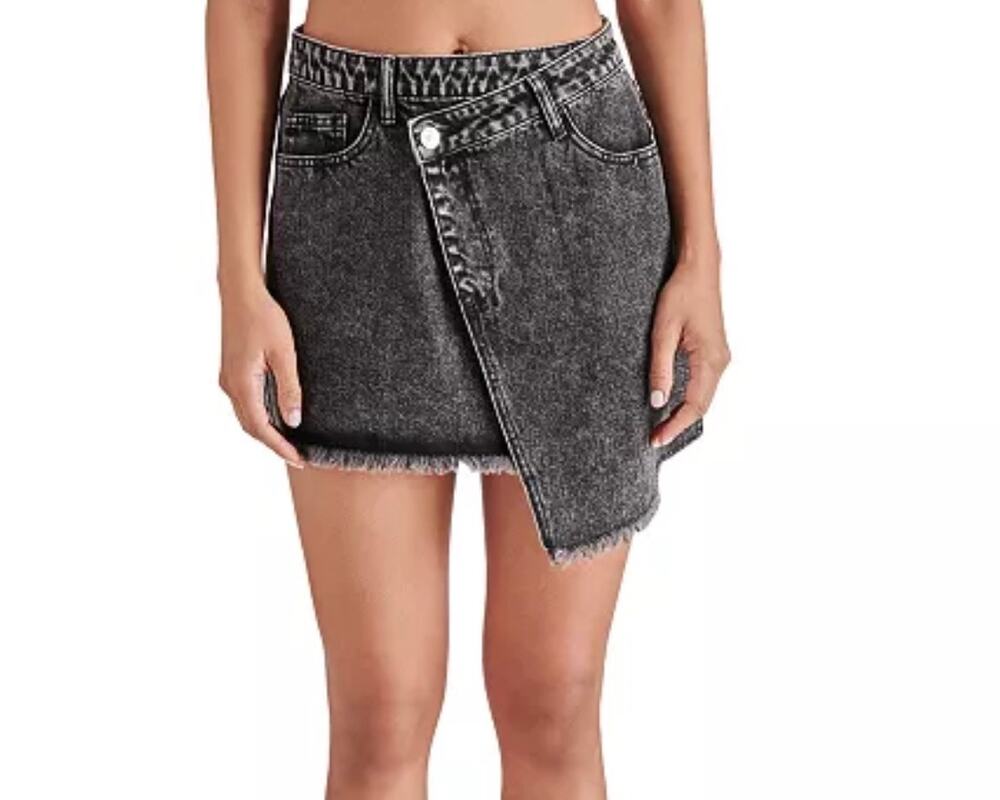 Steve Madden Women's Kyla Wrap-Front Denim Mini Skirt 4 Black Wash Asymmetrical